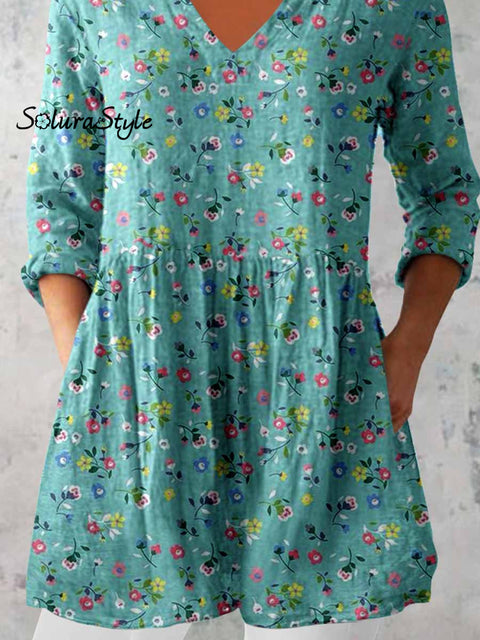 Women’s Elegant Floral Print V-Neck Cotton and Linen Top