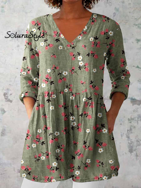 Women’s Elegant Floral Print V-Neck Cotton and Linen Top Green / S