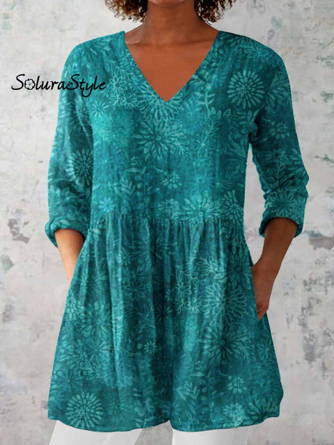 Women’s Elegant Floral Print V-Neck Cotton and Linen Top Green / S
