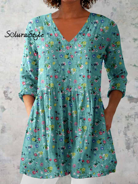 Women’s Elegant Floral Print V-Neck Cotton and Linen Top Green / S