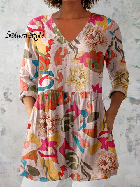 Women’s Elegant Floral Print V-Neck Cotton and Linen Top Pink / S