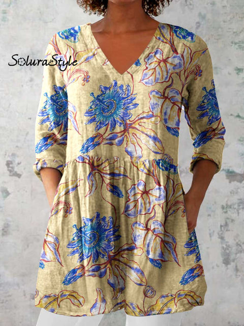 Women’s Elegant Floral Print V-Neck Cotton and Linen Top Yellow / S