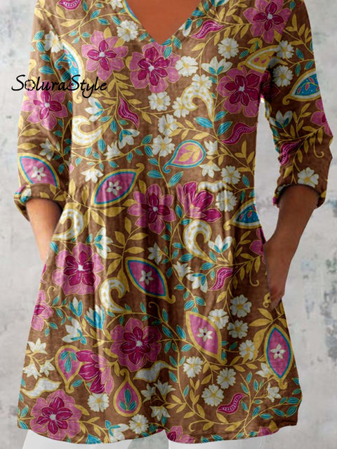 Women’s Elegant Floral Round Neck Cotton and Linen Top