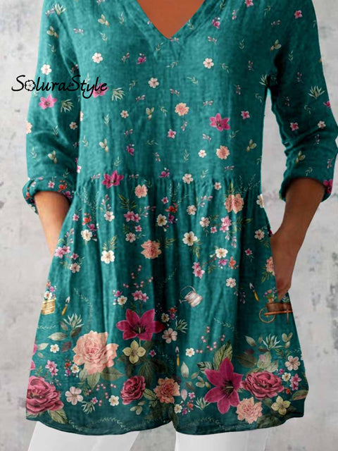 Women’s Elegant Floral Round Neck Cotton and Linen Top