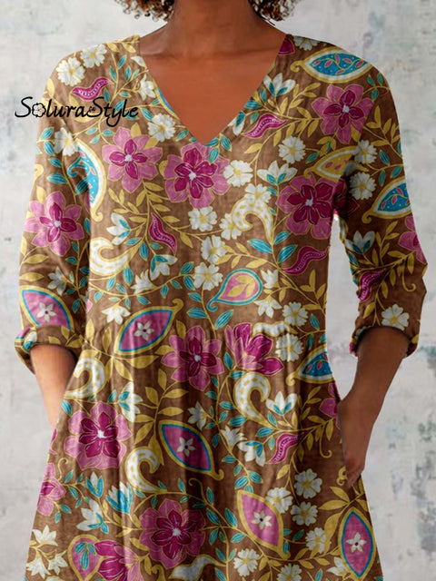 Women’s Elegant Floral Round Neck Cotton and Linen Top