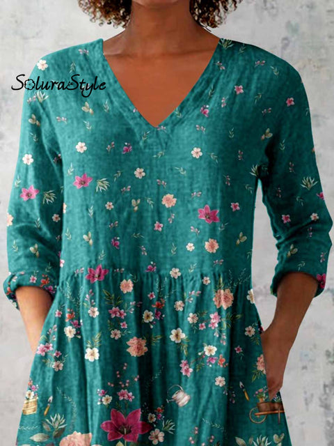 Women’s Elegant Floral Round Neck Cotton and Linen Top
