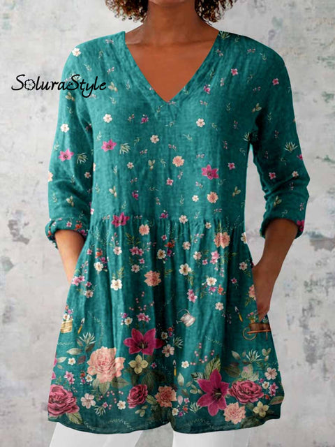 Women’s Elegant Floral Round Neck Cotton and Linen Top Green / S