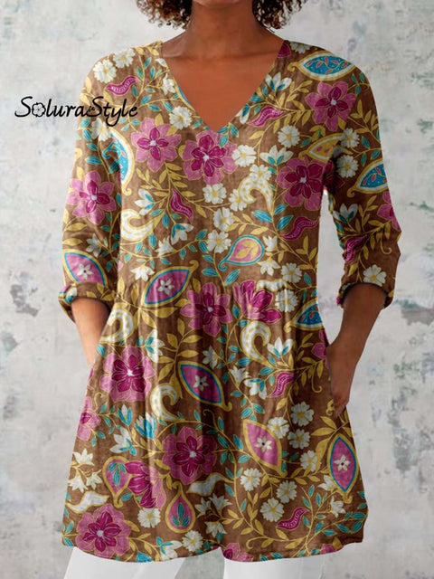 Women’s Elegant Floral Round Neck Cotton and Linen Top Khaki / S