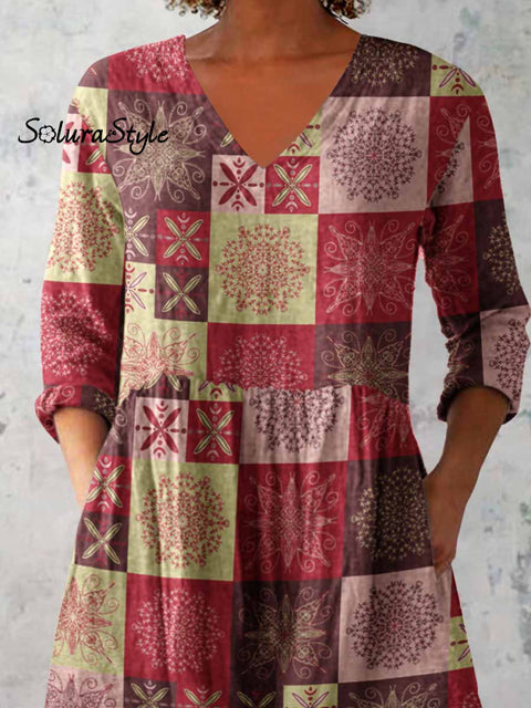 Women’s Elegant Geometric Ethnic Print V-Neck Cotton and Linen Top