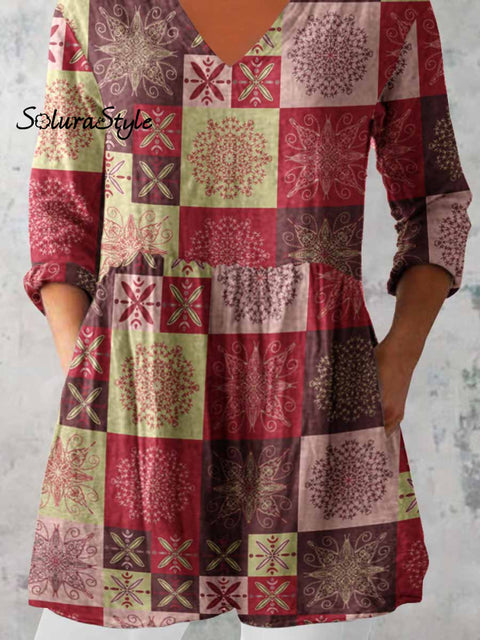 Women’s Elegant Geometric Ethnic Print V-Neck Cotton and Linen Top