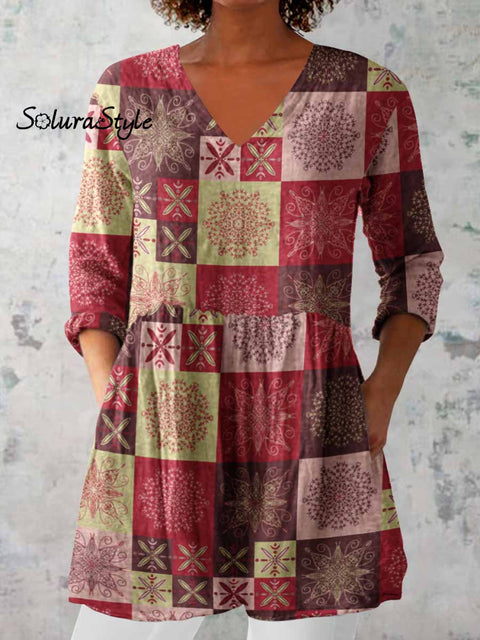 Women’s Elegant Geometric Ethnic Print V-Neck Cotton and Linen Top Multicolor / S