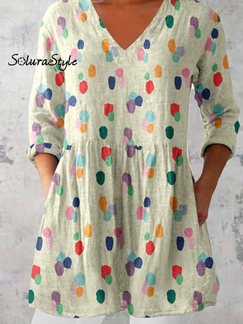 Women’s Elegant Polka Dot Round Neck Cotton and Linen Top