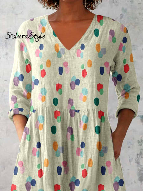 Women’s Elegant Polka Dot Round Neck Cotton and Linen Top