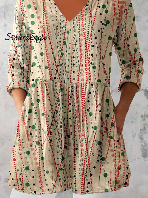 Women’s Elegant Polka Dot Round Neck Cotton and Linen Top