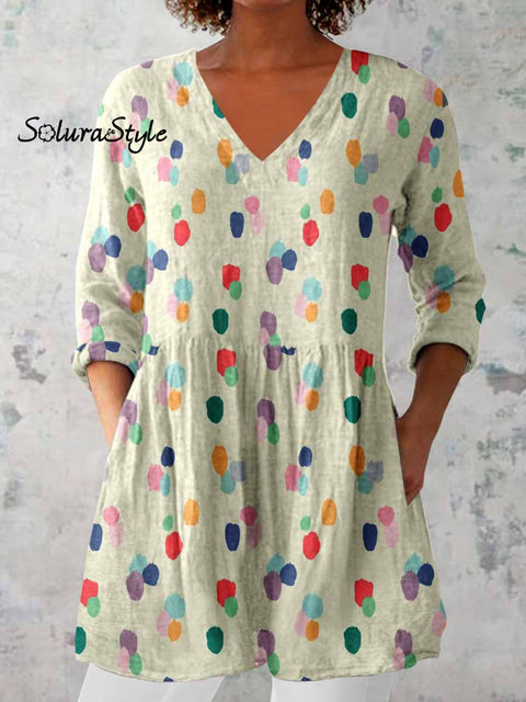 Women’s Elegant Polka Dot Round Neck Cotton and Linen Top Beige / S