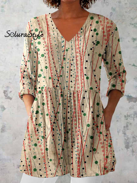 Women’s Elegant Polka Dot Round Neck Cotton and Linen Top Beige / S