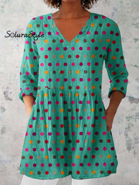 Women’s ElegantPolka Dot Pattern Cotton and Linen Top Green / S