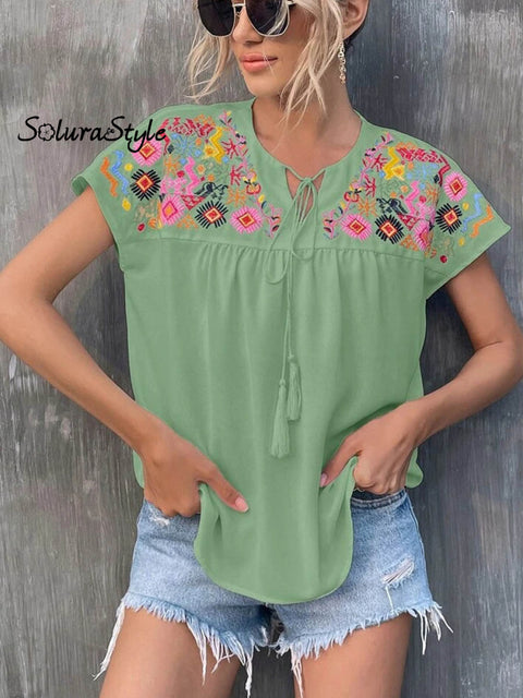 Women’s Embroidered Fringed Batwing Sleeve Loose Stylish Shirt