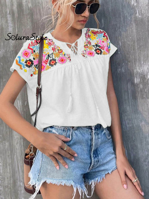 Women’s Embroidered Fringed Batwing Sleeve Loose Stylish Shirt