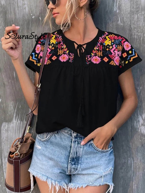 Women’s Embroidered Fringed Batwing Sleeve Loose Stylish Shirt