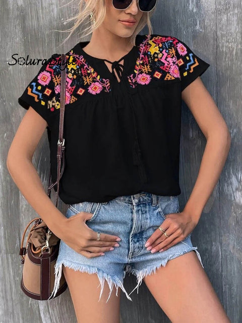 Women’s Embroidered Fringed Batwing Sleeve Loose Stylish Shirt Black / S