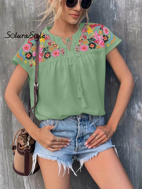 Women’s Embroidered Fringed Batwing Sleeve Loose Stylish Shirt Green / S