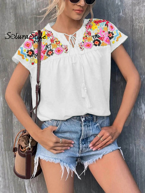 Women’s Embroidered Fringed Batwing Sleeve Loose Stylish Shirt White / S