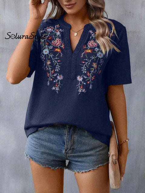 Women’s Embroidered Patchwork Lace Art Casual Cotton Top Shirt