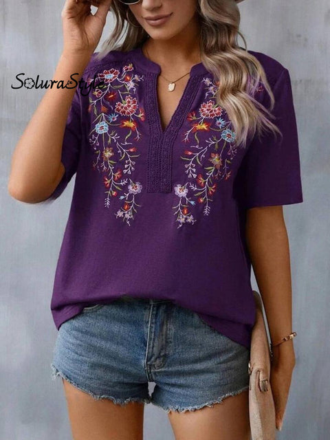 Women’s Embroidered Patchwork Lace Art Casual Cotton Top Shirt