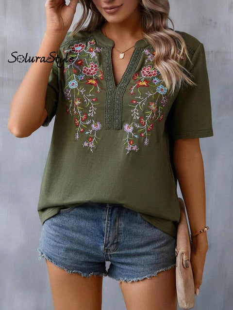 Women’s Embroidered Patchwork Lace Art Casual Cotton Top Shirt