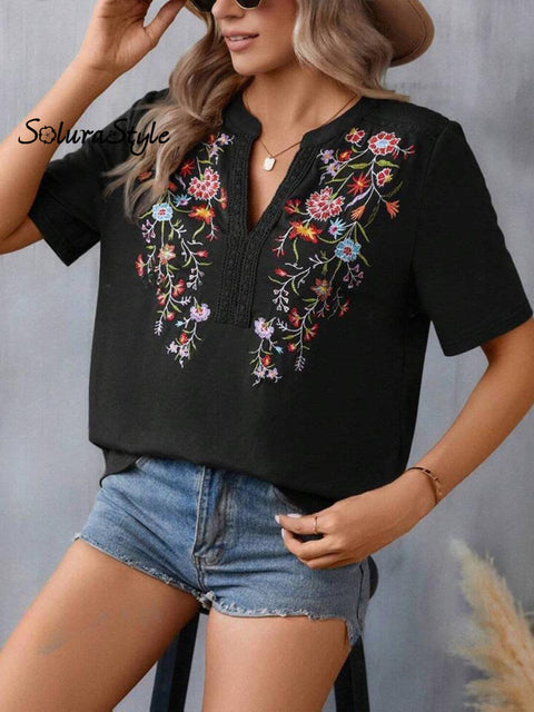 Women’s Embroidered Patchwork Lace Art Casual Cotton Top Shirt
