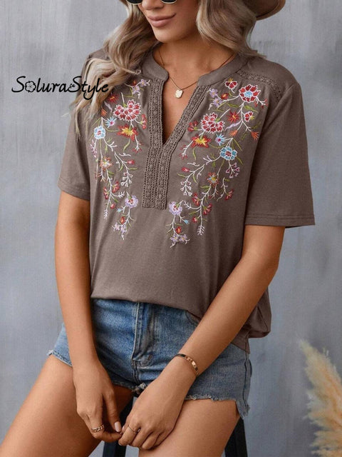 Women’s Embroidered Patchwork Lace Art Casual Cotton Top Shirt