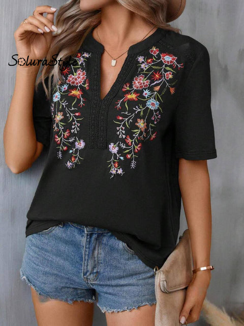 Women’s Embroidered Patchwork Lace Art Casual Cotton Top Shirt Black / S