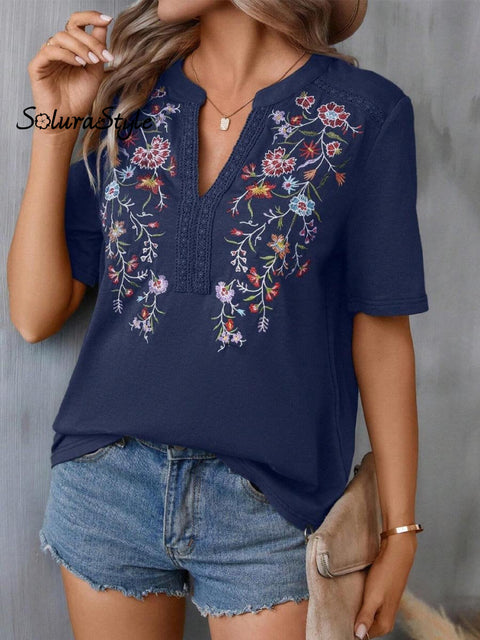 Women’s Embroidered Patchwork Lace Art Casual Cotton Top Shirt Blue / S