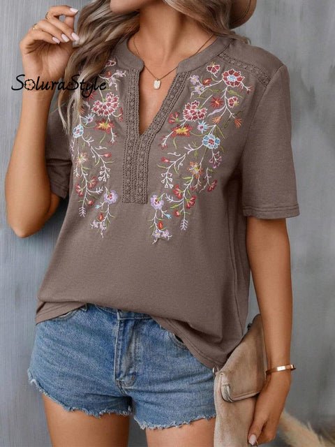 Women’s Embroidered Patchwork Lace Art Casual Cotton Top Shirt Brown / S