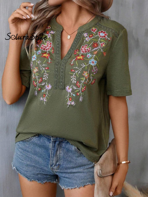 Women’s Embroidered Patchwork Lace Art Casual Cotton Top Shirt Green / S