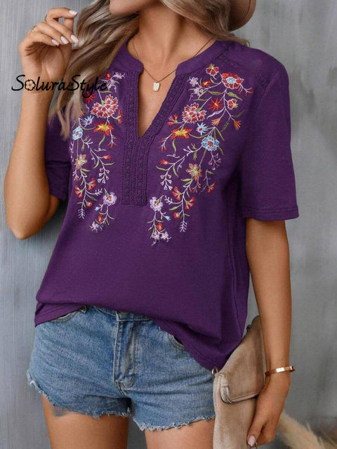 Women’s Embroidered Patchwork Lace Art Casual Cotton Top Shirt Purple / S