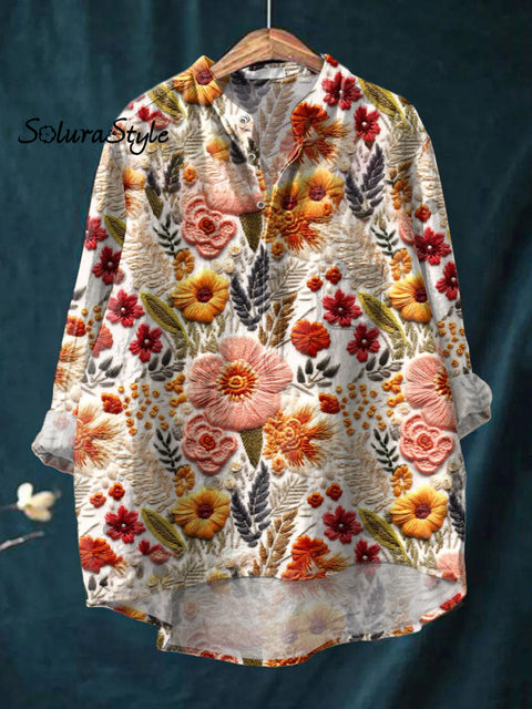 Women’s Embroidery Flowers Art Print Casual Long Sleeve Comfortable Cotton Shirt Multicolor / S
