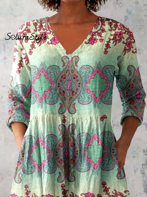Women’s Ethnic Geometric Print V-neck Cotton and Linen Top