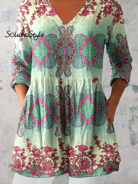 Women’s Ethnic Geometric Print V-neck Cotton and Linen Top