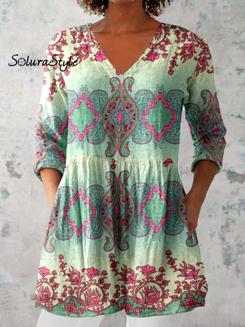 Women’s Ethnic Geometric Print V-neck Cotton and Linen Top Green / S