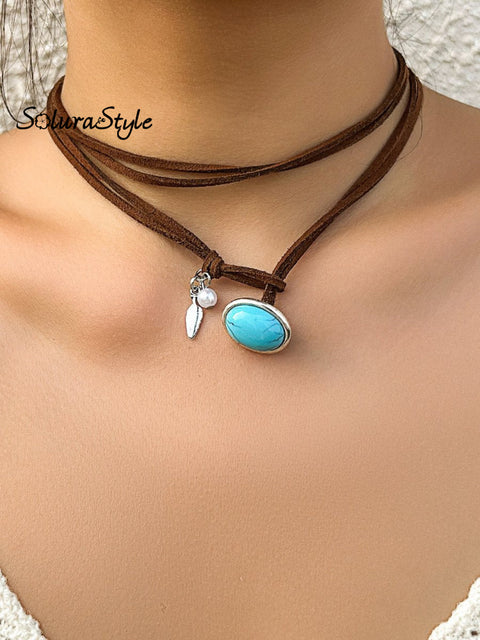 Women’s Ethnic Style Turquoise Velvet Choker Necklace