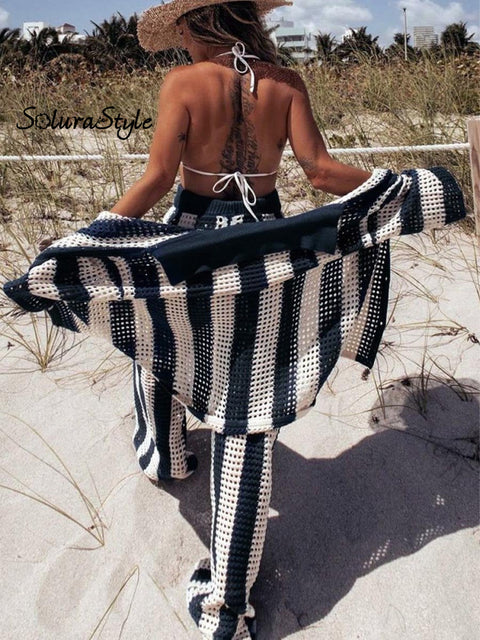 Women’s Fashionable V-Neck Hollow Striped Loose Knitted Shirt Wide-Leg Pants Suit