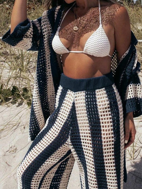 Women’s Fashionable V-Neck Hollow Striped Loose Knitted Shirt Wide-Leg Pants Suit