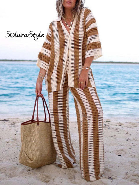 Women’s Fashionable V-Neck Hollow Striped Loose Knitted Shirt Wide-Leg Pants Suit