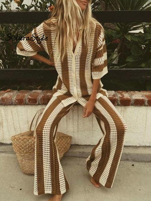 Women’s Fashionable V-Neck Hollow Striped Loose Knitted Shirt Wide-Leg Pants Suit