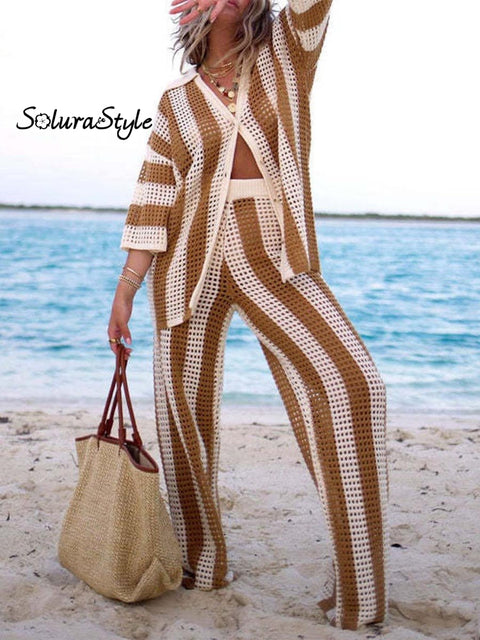 Women’s Fashionable V-Neck Hollow Striped Loose Knitted Shirt Wide-Leg Pants Suit