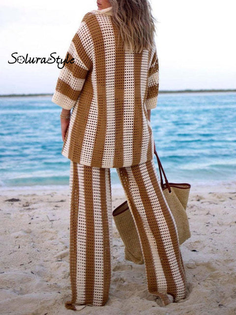 Women’s Fashionable V-Neck Hollow Striped Loose Knitted Shirt Wide-Leg Pants Suit