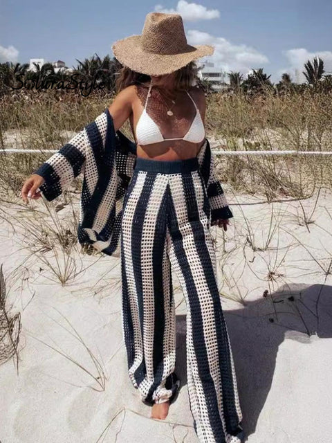 Women’s Fashionable V-Neck Hollow Striped Loose Knitted Shirt Wide-Leg Pants Suit Blue / S