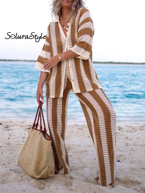 Women’s Fashionable V-Neck Hollow Striped Loose Knitted Shirt Wide-Leg Pants Suit Khaki / S
